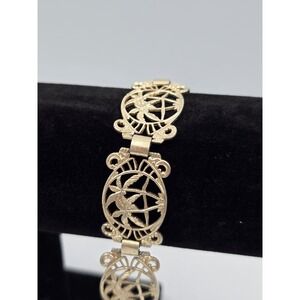 Vintage Silver Tone Filigree Palm Tree Globe Panel Bracelet Made in Germany